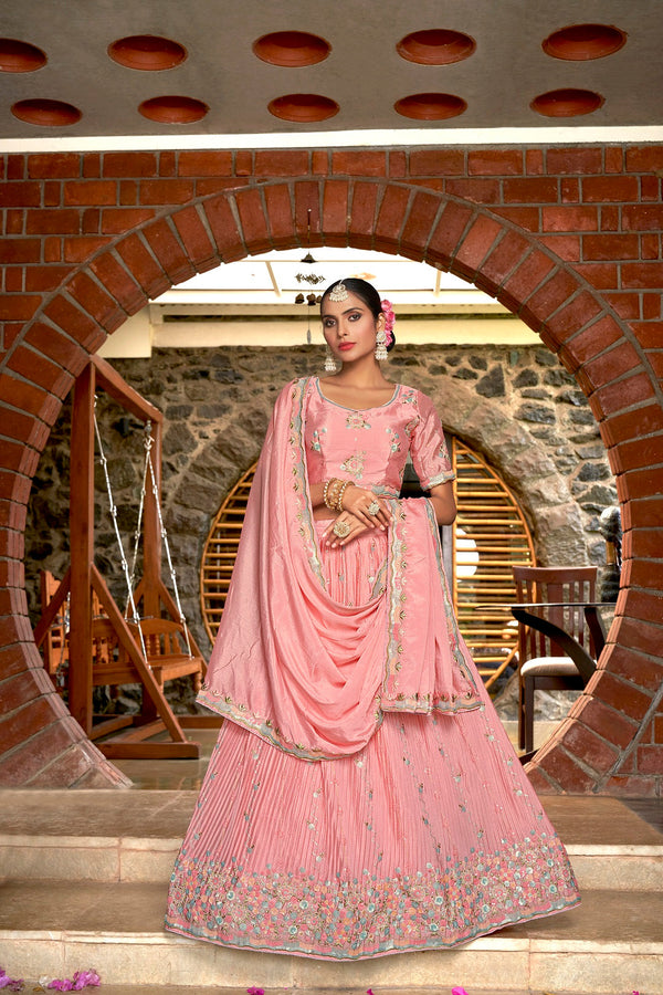 Women's Pink Chinon Four Sequin And Thread Embroidery Lehenga Choli Set - Dwija Fashion