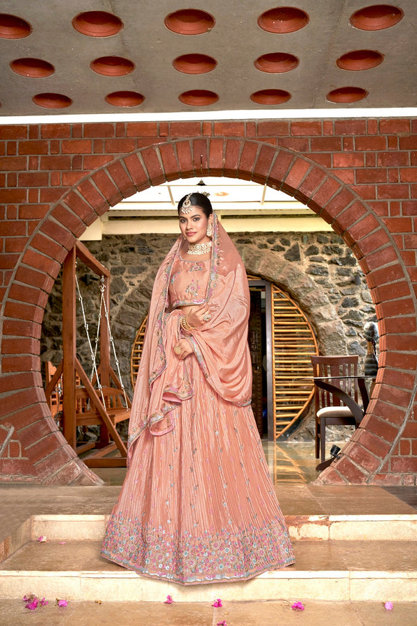 Women's Peach Chinon Four Sequin And Thread Embroidery Lehenga Choli Set - Dwija Fashion