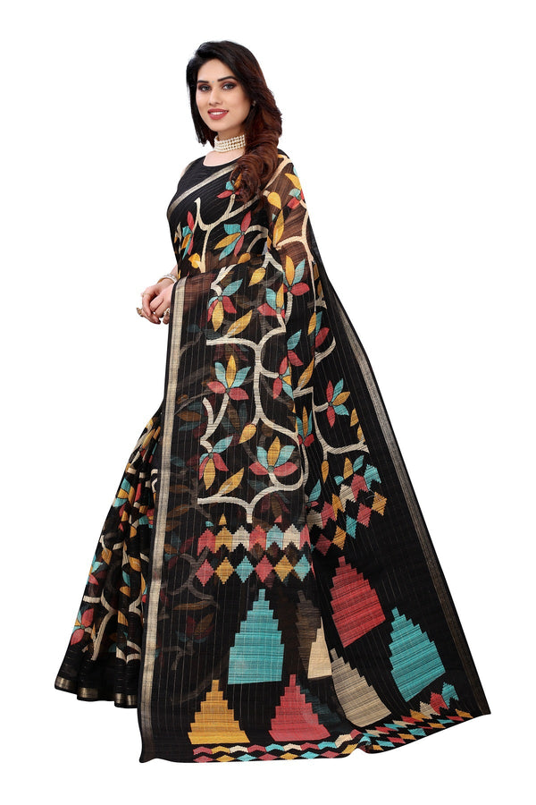 Women's Black Linen Jari Border Saree - Vamika