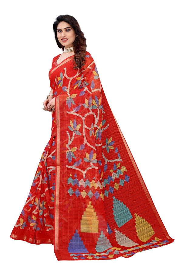 Women's Red Linen Jari Border Saree - Vamika