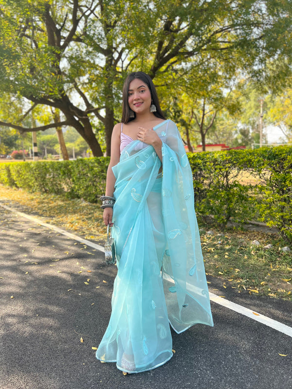 Women's Skyblue Plain Dyed Saree - VAMSEE