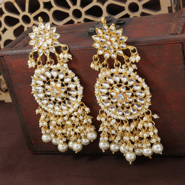 Women's  Gold Plated White Drop Earrings Glided With Kundans & Pearls  - i jewels