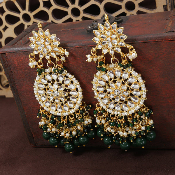 Women's  Gold Plated Green Drop Earrings Glided With Kundans & Pearls  - i jewels