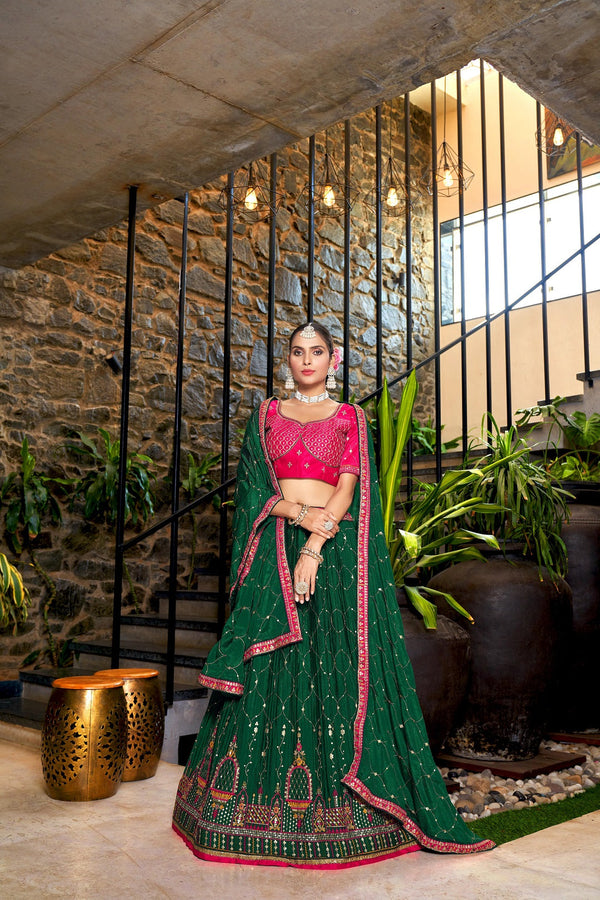 Women's Green Chinon Sequin And Thread Embroidery Lehenga Choli Set - Dwija Fashion