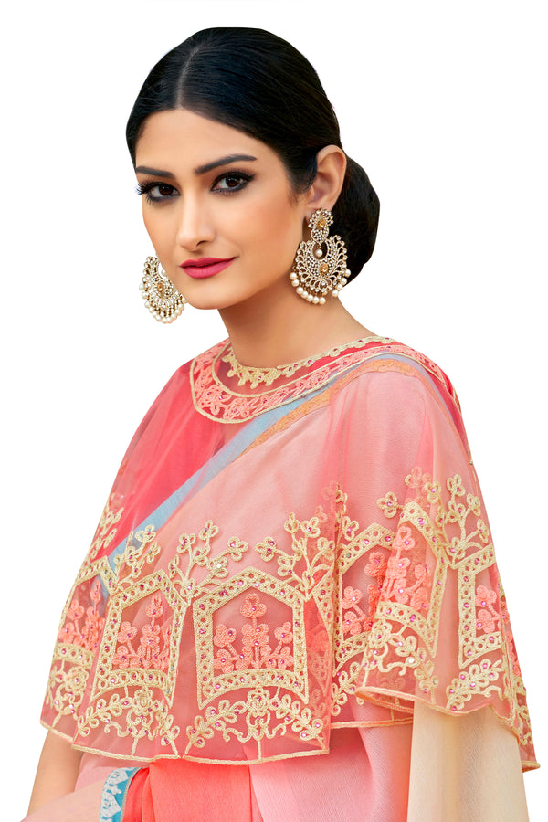 Women's Peach Designer Saree With Double Blouse - Vamika