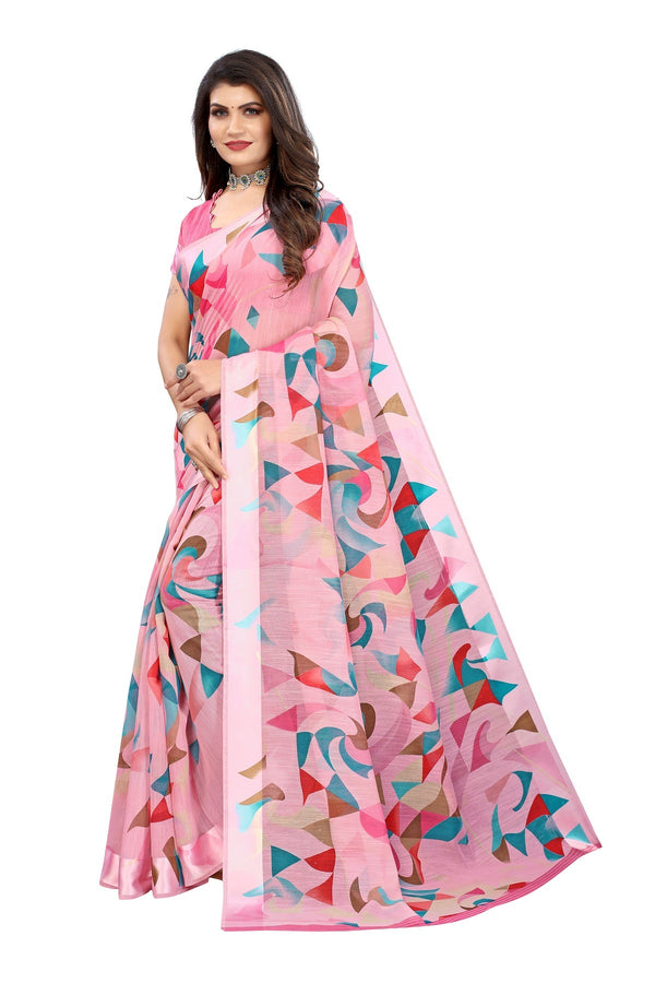 Women's Pink Linen Satin Border Saree - Vamika