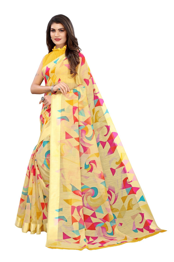 Women's Yellow Linen Satin Border Saree - Vamika