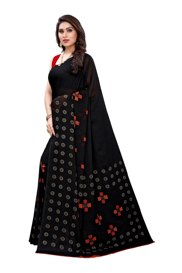 Women's Black Printed Georgette Saree - Vamika