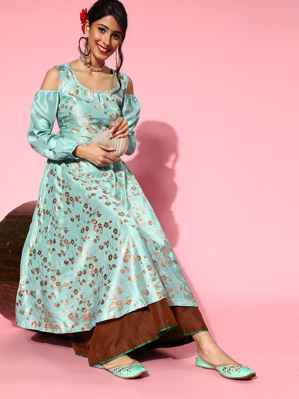 Women's Pastel Blue Foil Print Flared Anarkali - Aks