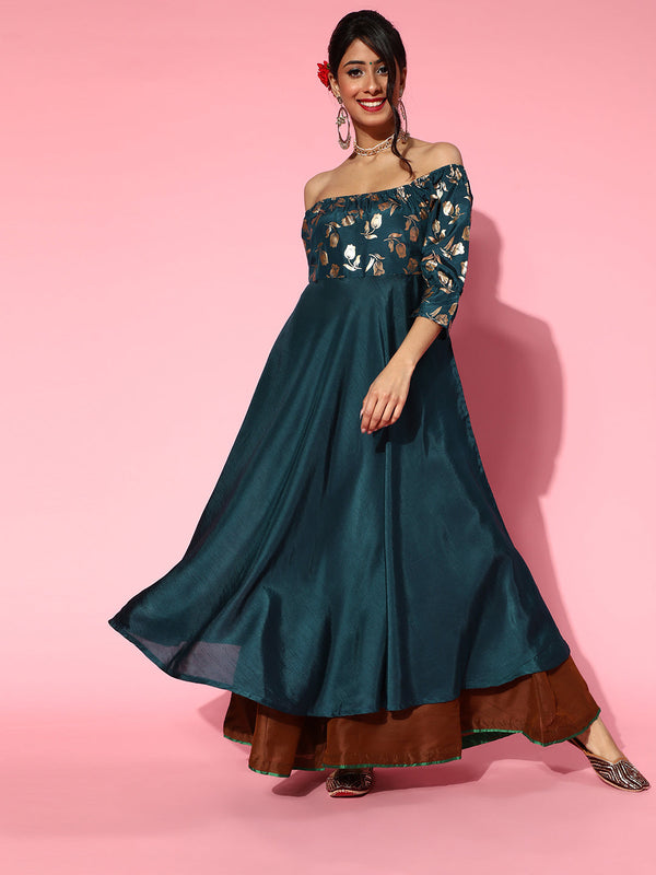 Women's Blue Foil Print Anarkali - Aks