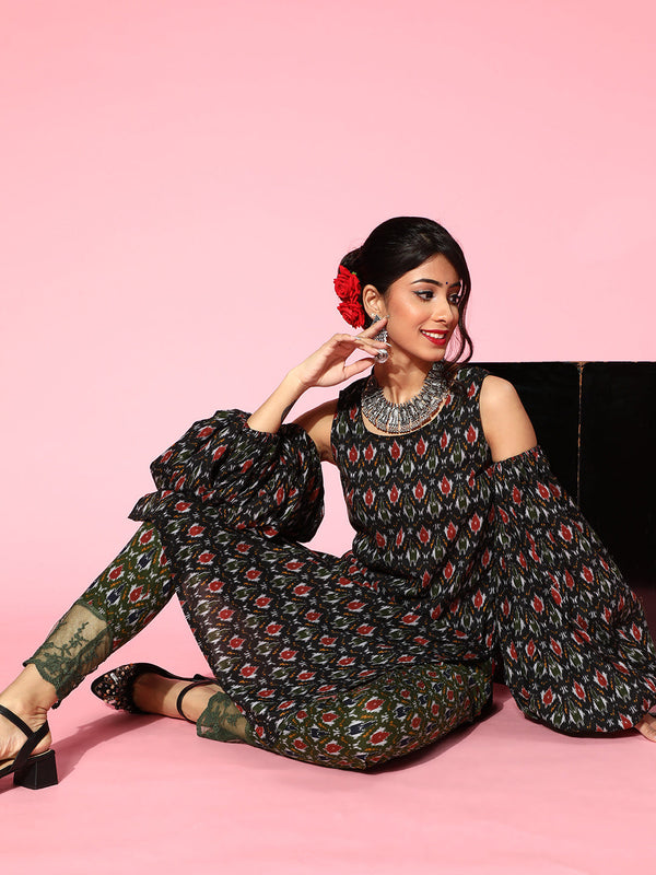 Women's Black Patola Print Kurta With Pant - Aks