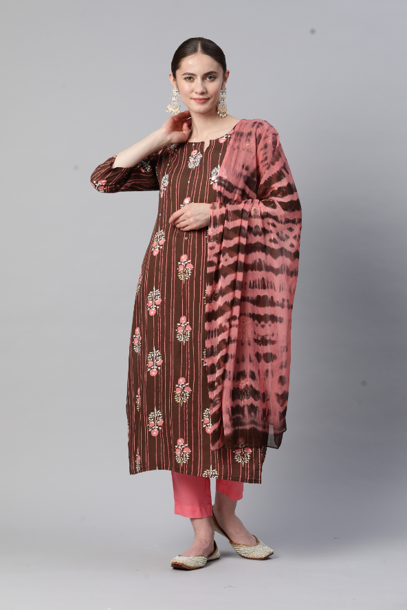 Women's Print & Embroidered Straight Rayon Brown Stitched Kurta Pant With Dupatta - Vbuyz