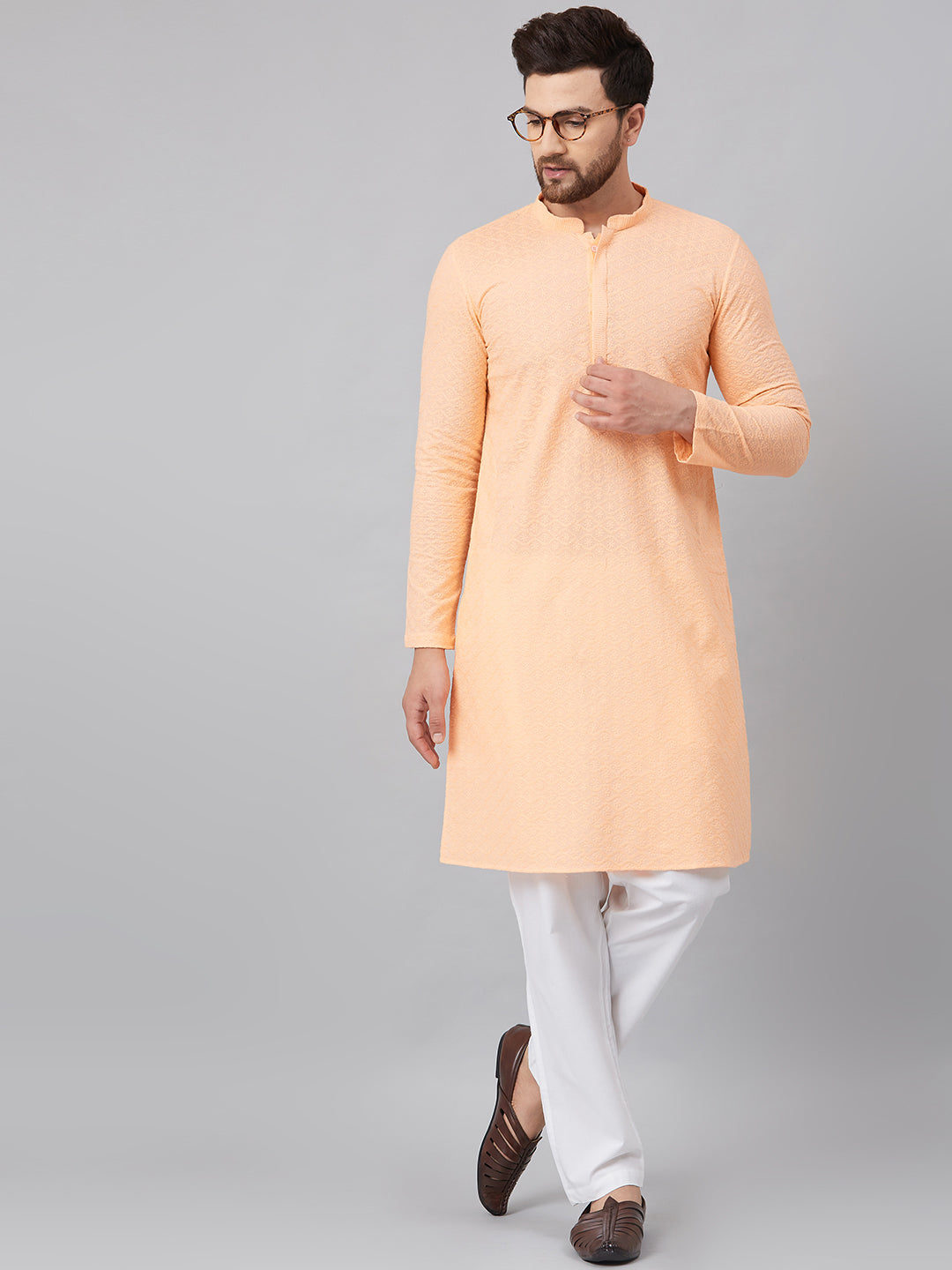 Men's Peach Chikankari Embroidered Woven Design Straight Kurta With Pyjama - See Designs