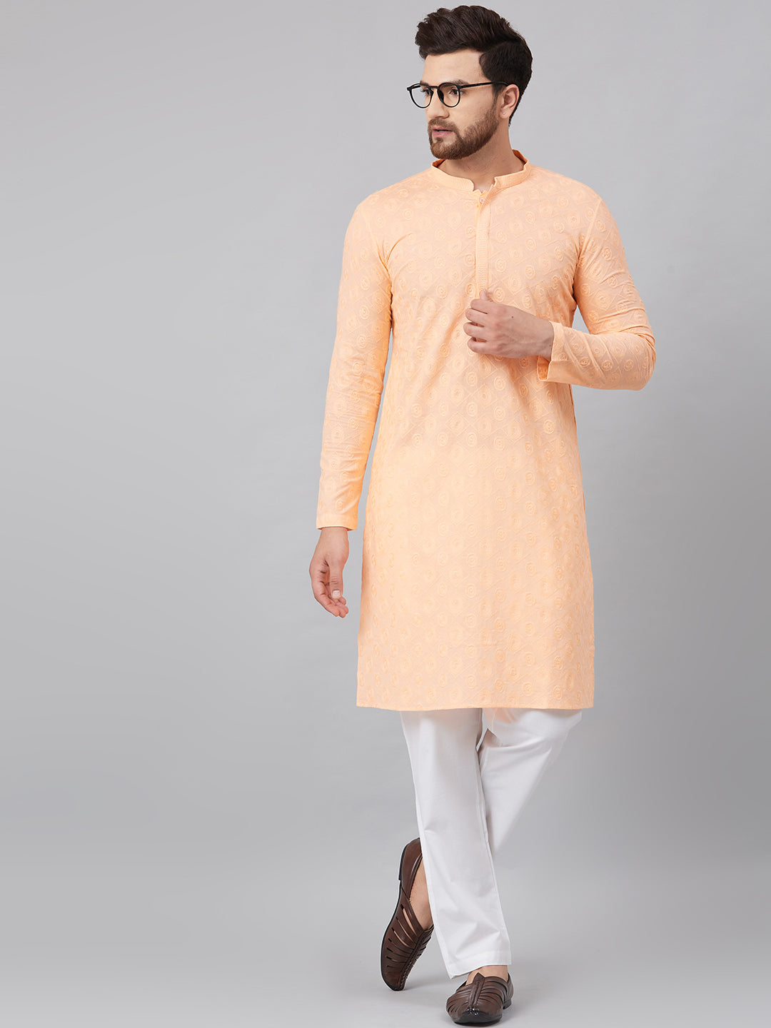 Men's Peach Chikankari Embroidered Woven Design Straight Kurta - See Designs