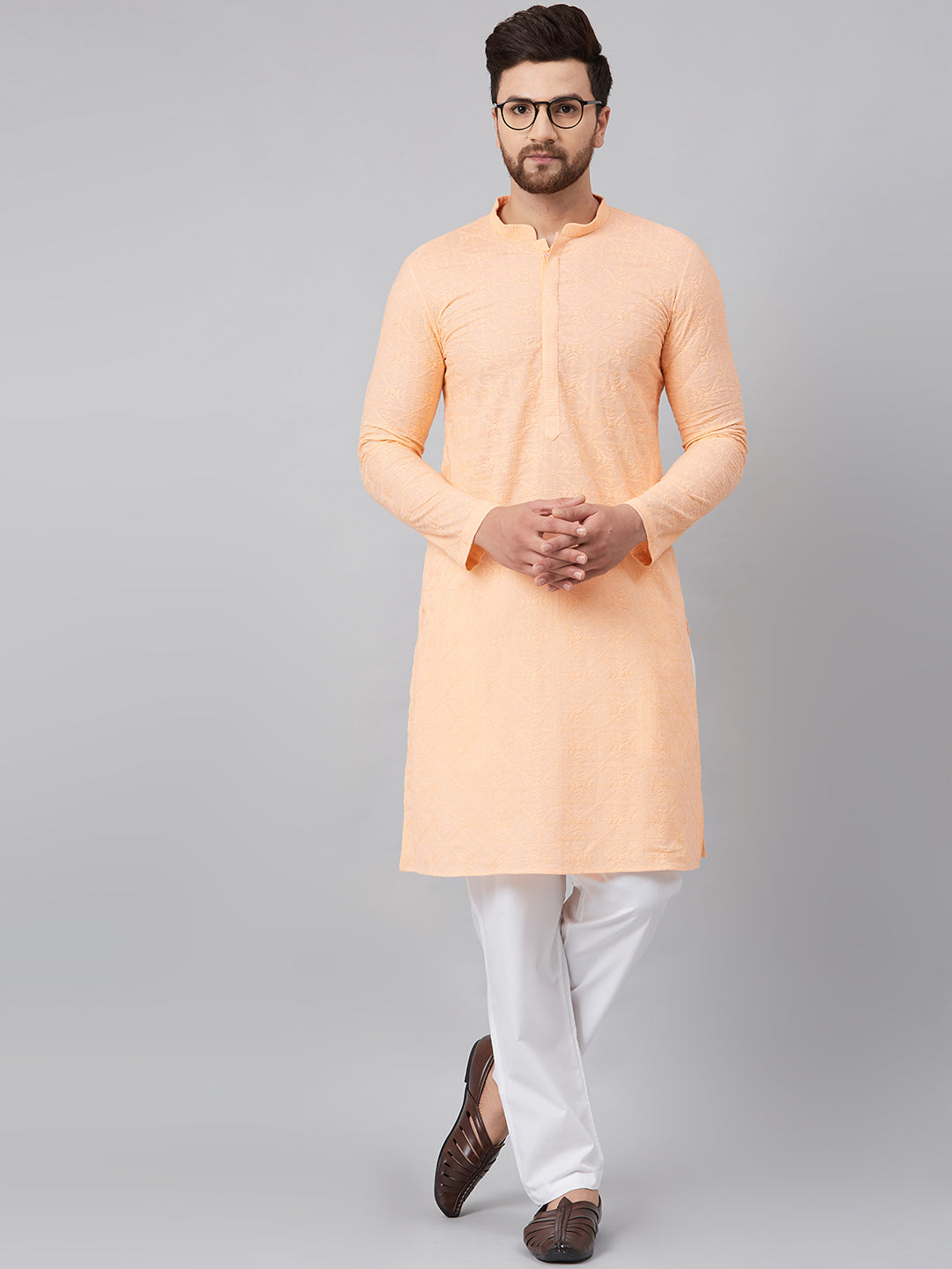 Men's Peach Chikankari Embroidered Woven Design Straight Kurta With Pyjama - See Designs