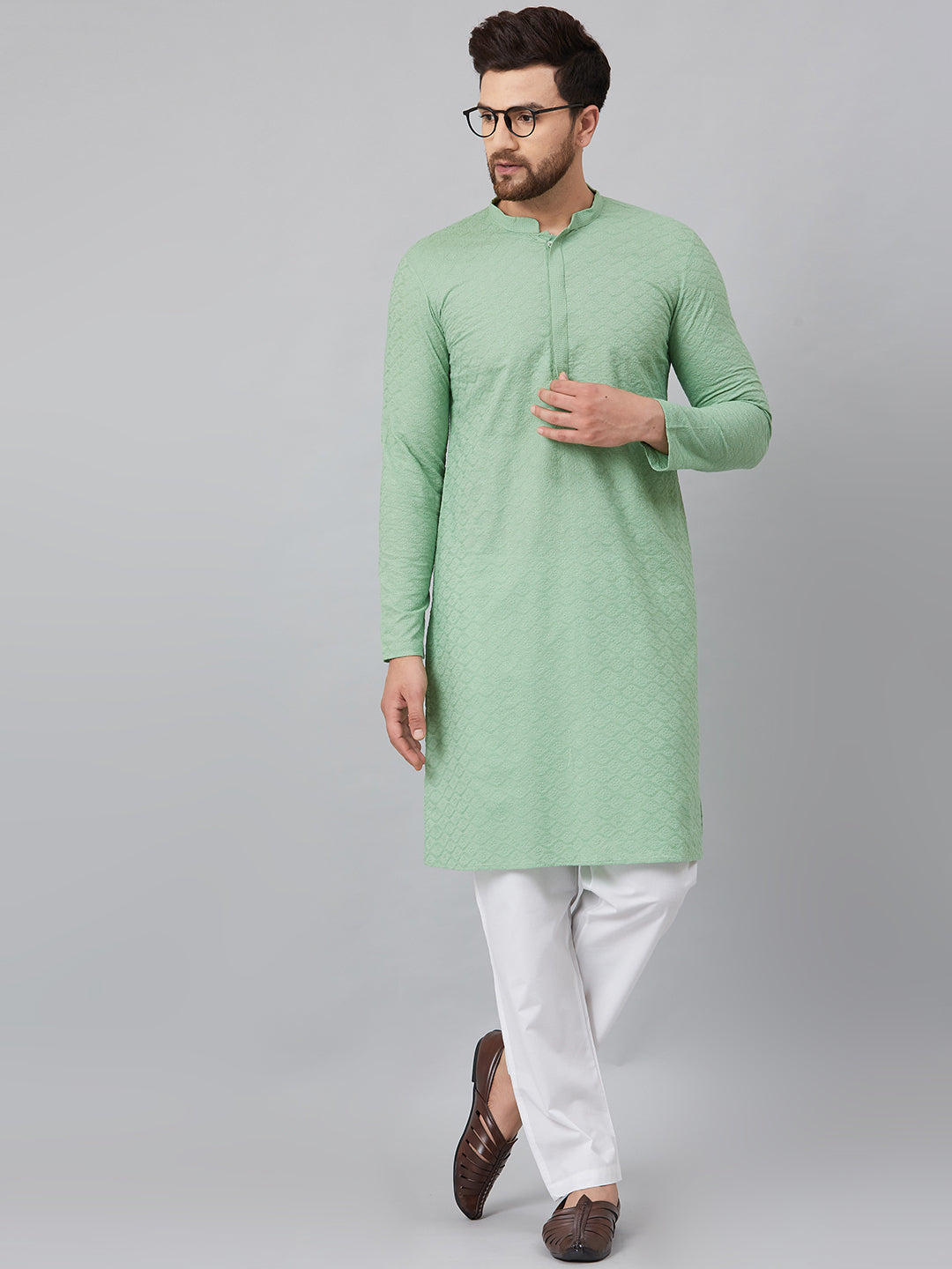 Men's Green Chikankari Embroidered Woven Design Straight Kurta With Pyjama - See Designs