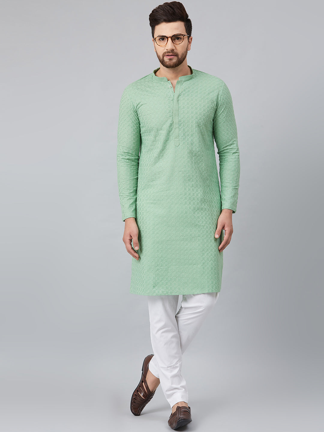 Men's Green Chikankari Embroidered Woven Design Straight Kurta - See Designs