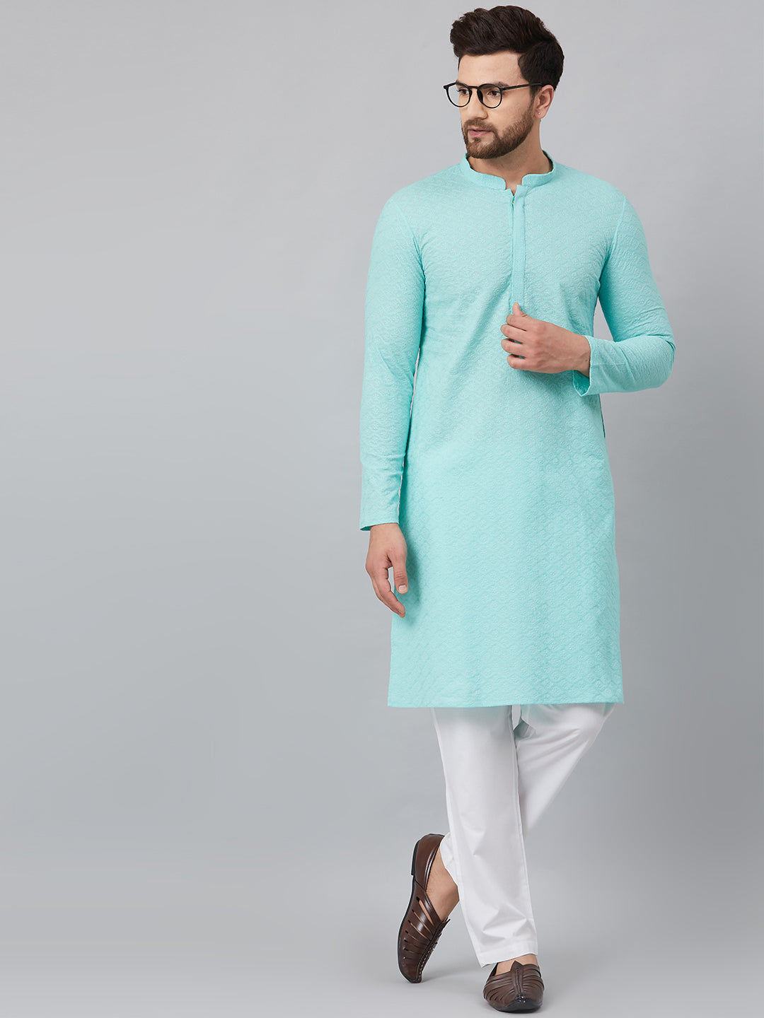 Men's Lime Green Green Chikankari Embroidered Woven Design Straight Kurta - See Designs