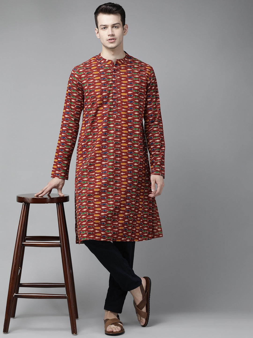 Men's Maroon  And Gold Kalamkari Block Printed Straight Sustainable Kurta - See Designs