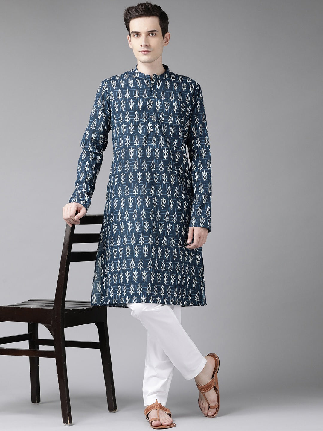 Men's Blue & Beige Printed Straight Kurta With Pyjama - See Designs