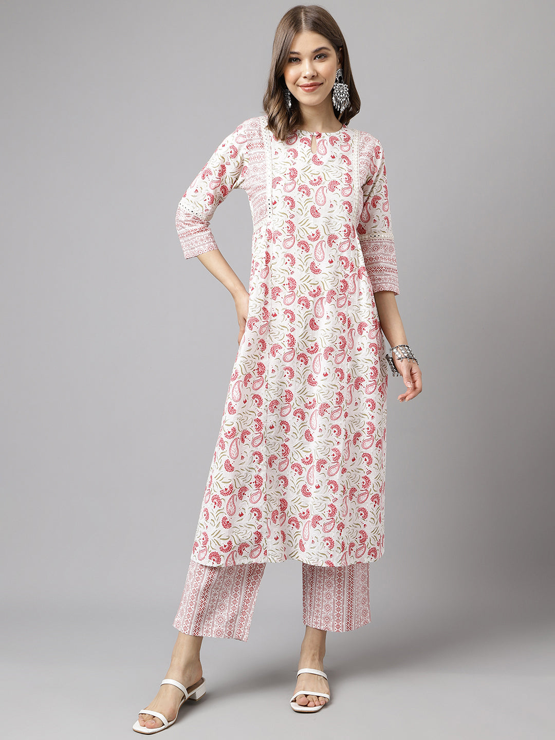 Women's White Cotton A-Line Kurta Set - Fiorra