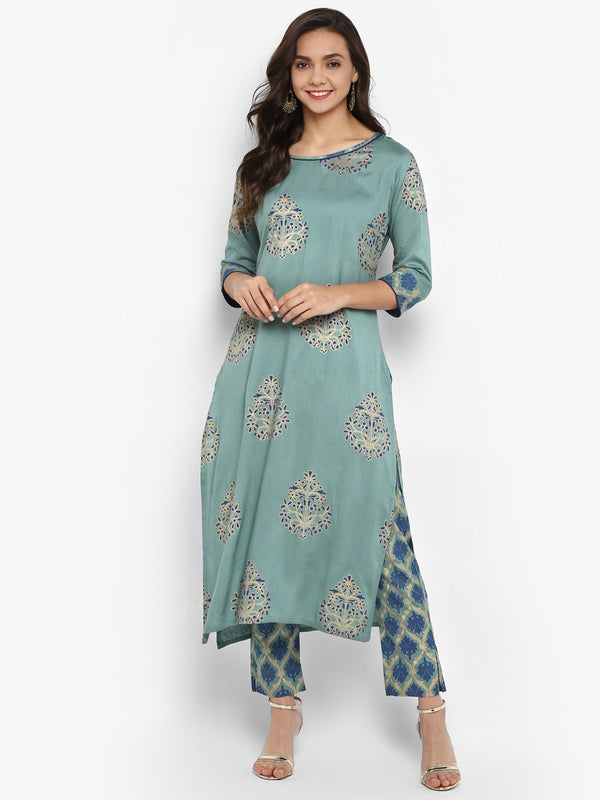 Women's Turquoise Green Rayon Kurta With Pant-Janasya