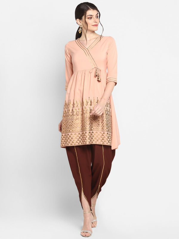 Women's Peach Poly Crepe Kurta With Dhoti Pant-Janasya