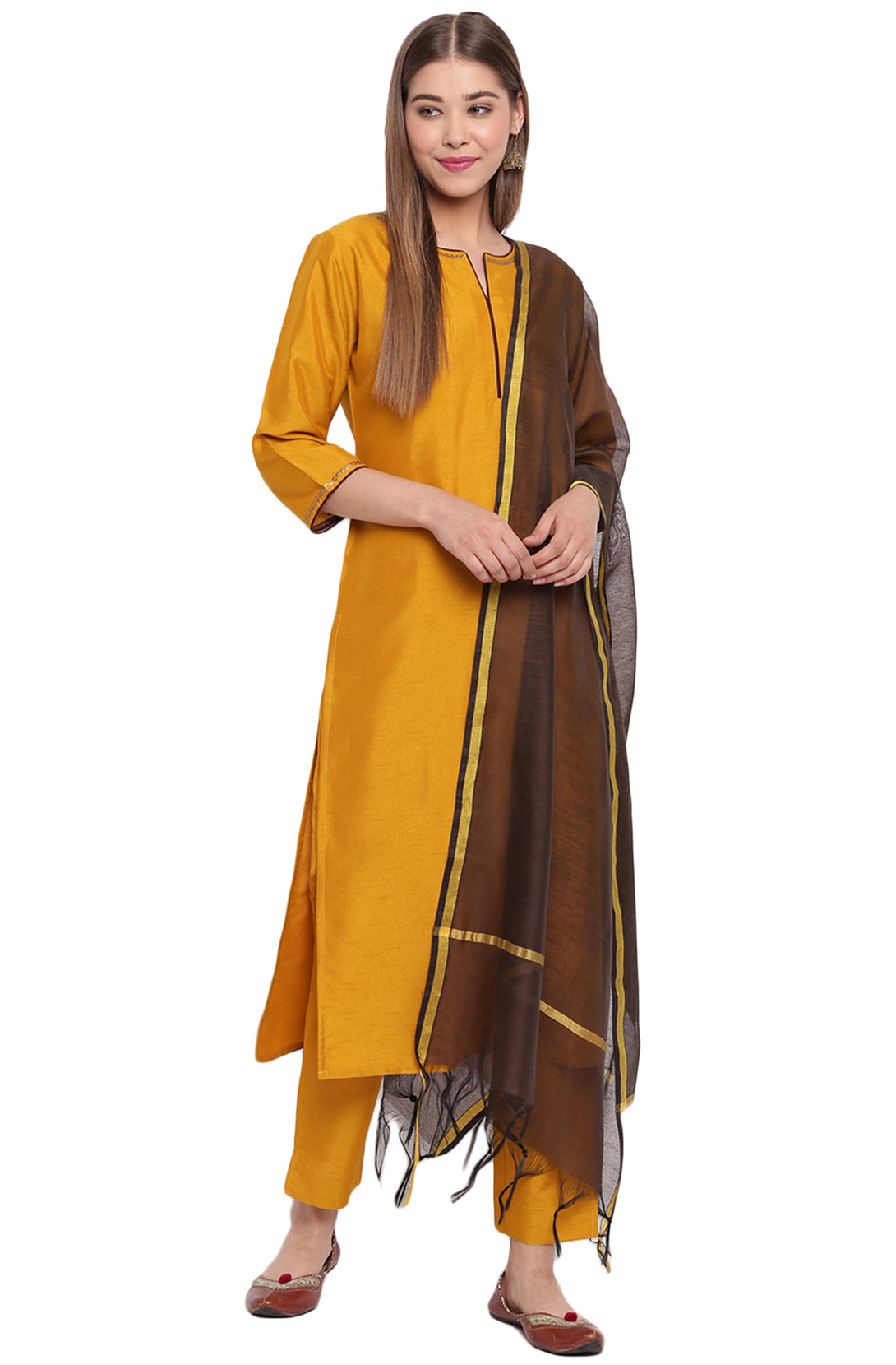 Women's Mustard Poly Silk Sequined Kurta With Pant And Dupatta - Manohara