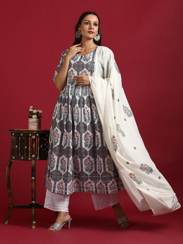 Women White Cotton Kurta With Palazzo And Dupatta Set by Janasya (3 Pc Set)