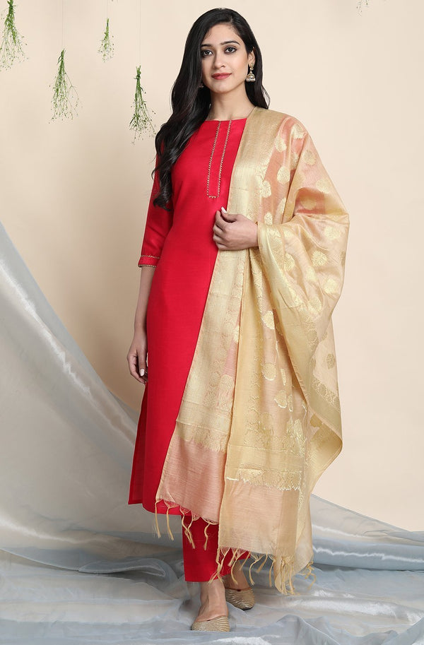 Women's Pink Poly Silk Kurta With Pant And Dupatta-Janasya