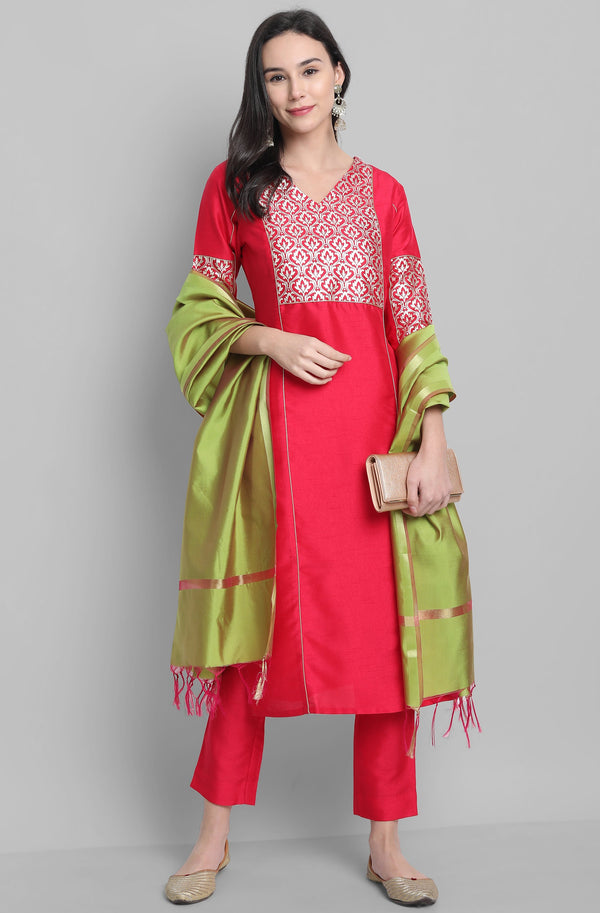 Women's Pink Floral Printed Poly Silk  Kurta Set - Janasya