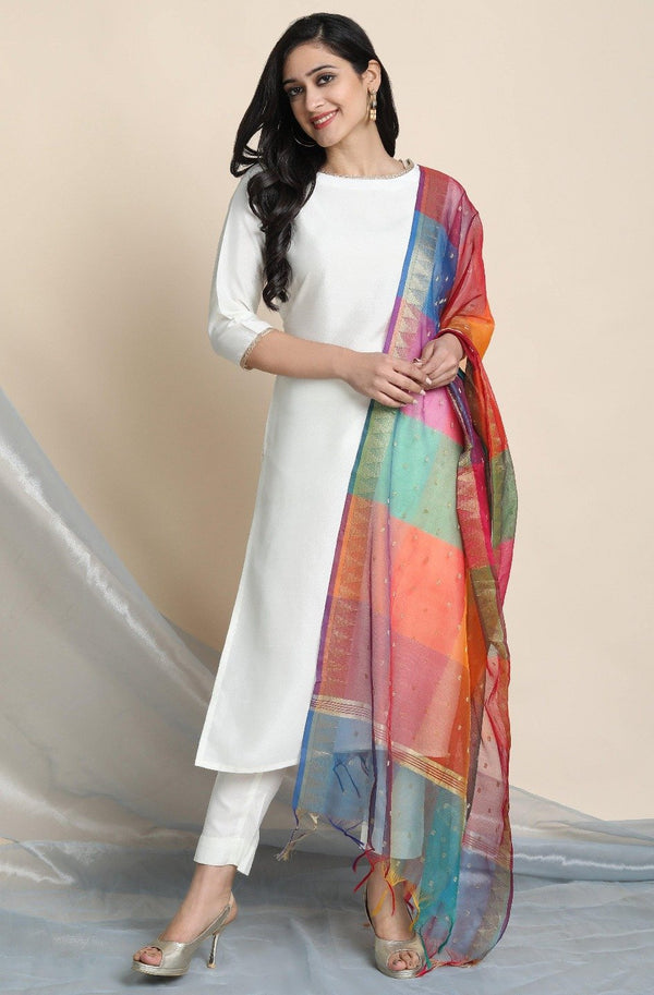 Women's Off-White Poly Silk Kurta With Pant And Dupatta-Janasya