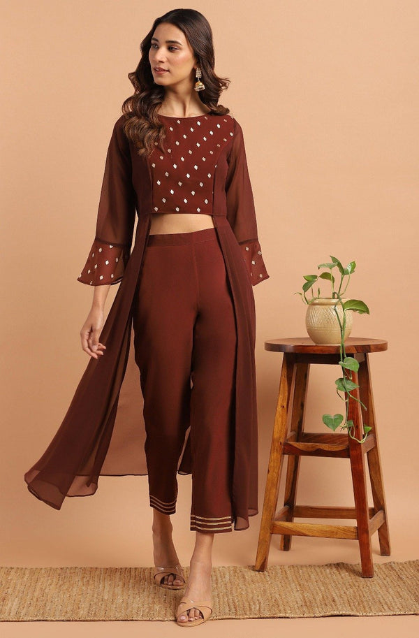 Women's Brown Georgette Top With Pant-Janasya