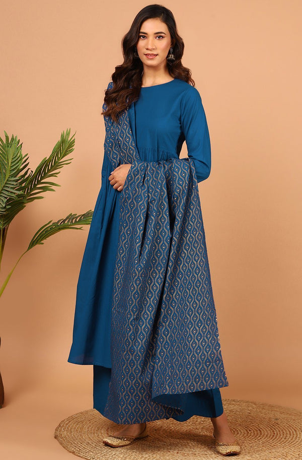 Women's Blue Cotton Kurta With Palazzo And Dupatta-Janasya