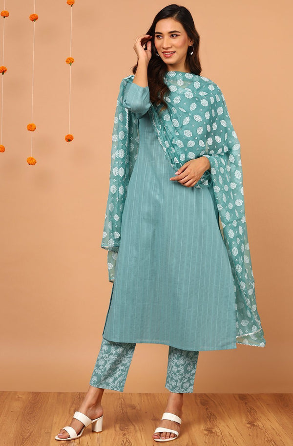 Women's Turquoise Cotton Kurta With Pant And Dupatta-Janasya