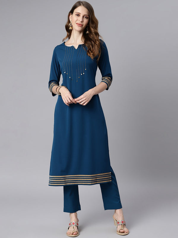 Women's Teal Poly Crepe Kurta With Pant-Janasya