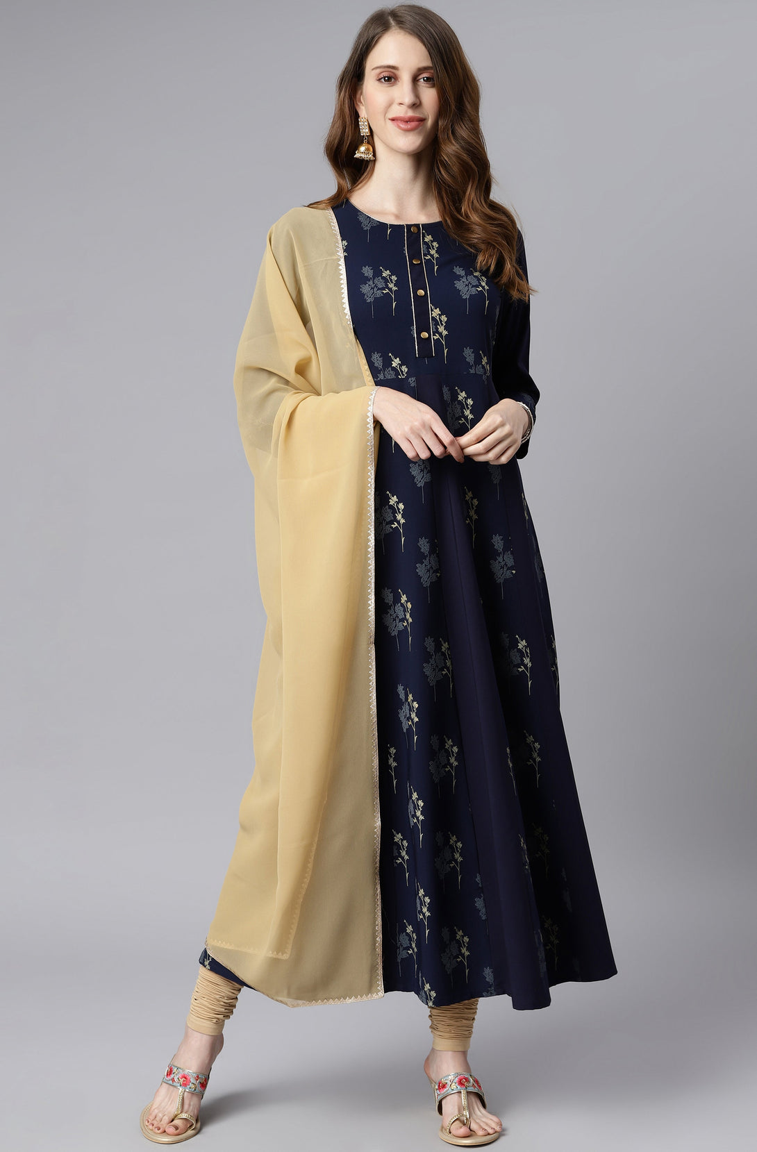 Women's Navy Blue Floral Printed Poly Crepe  Anarkali Set - Janasya