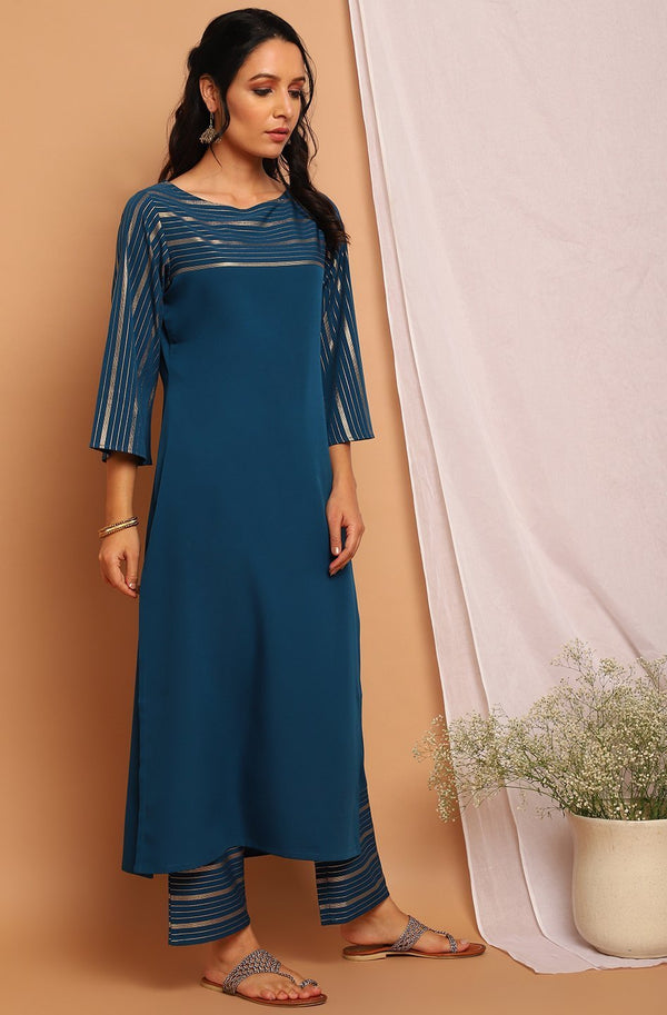 Women's Teal Poly Crepe Kurta With Palazzo-Janasya