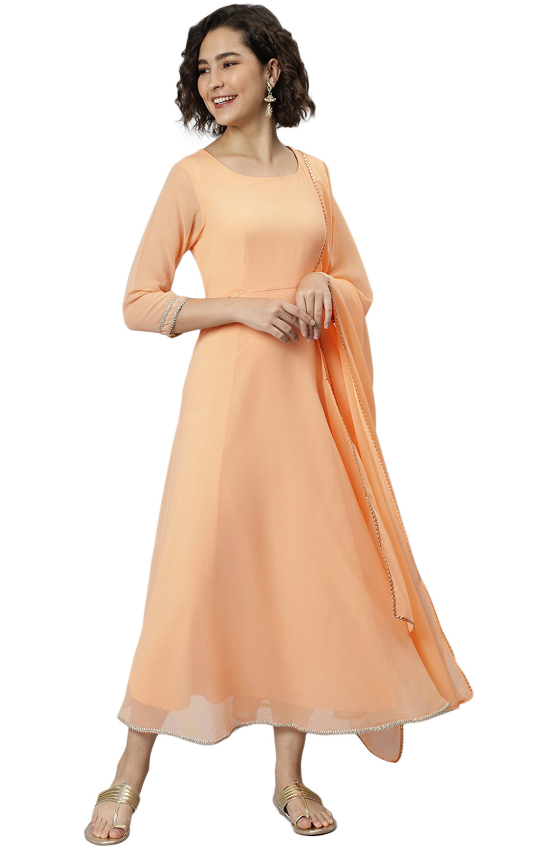 Women's Peach Poly Georgette Solid Kurta With Dupatta - Manohara