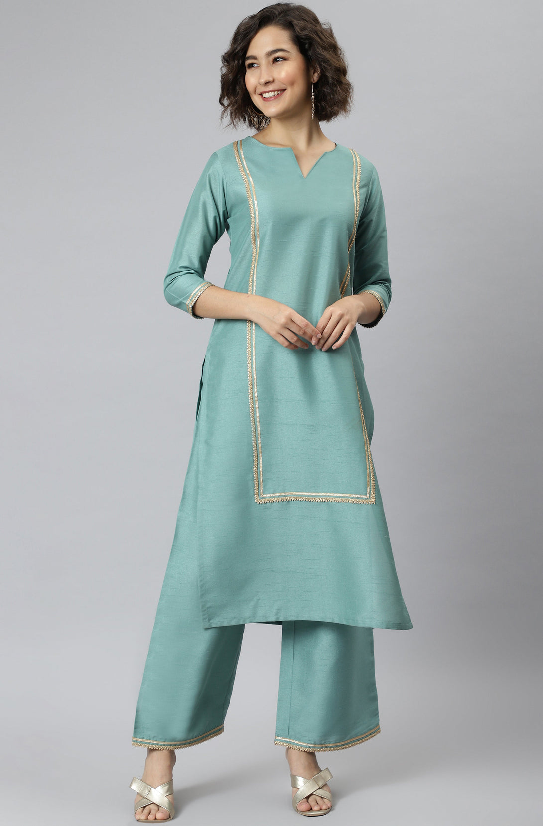 Women's Green Solid Poly Silk  Kurta Set - Janasya