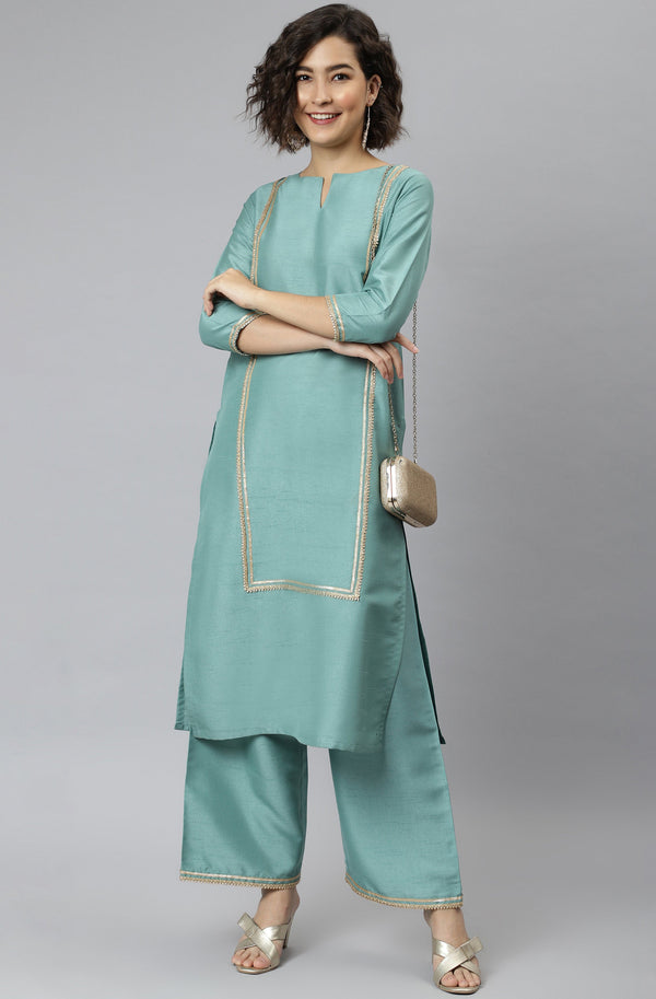 Women's Green Solid Poly Silk  Kurta Set - Janasya