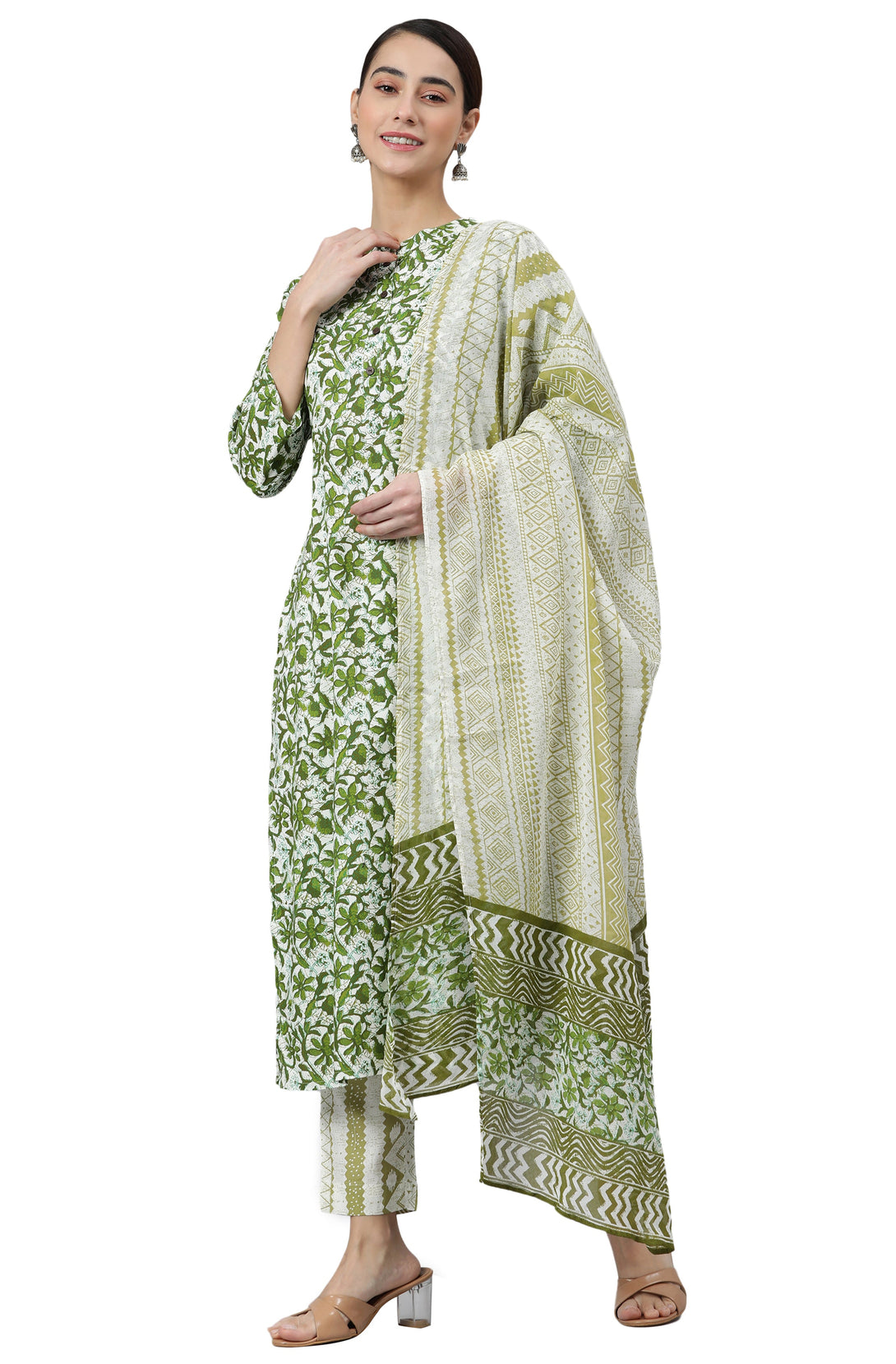 Women's Green Rayon Floral Print Kurta With Pant And Dupatta - Manohara