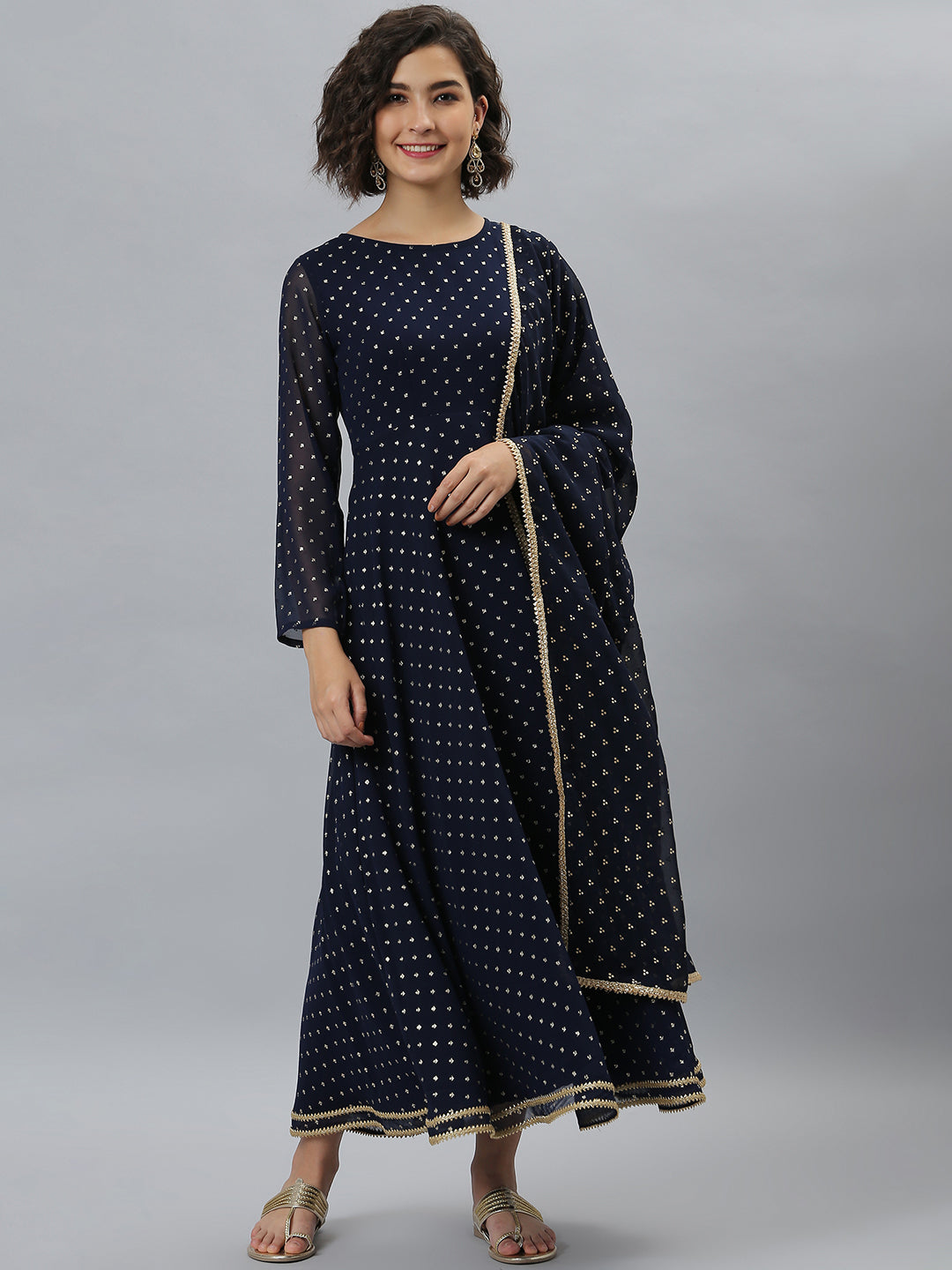 Women's Navy Blue Foil Printed Poly Georgette  Anarkali Set - Janasya