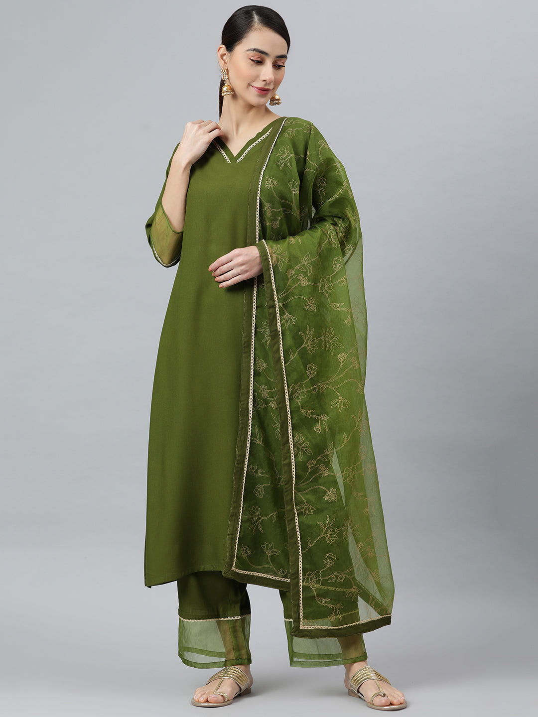 Women's Olive Green Rayon Solid Kurta With Palazzo And Dupatta - Janasya