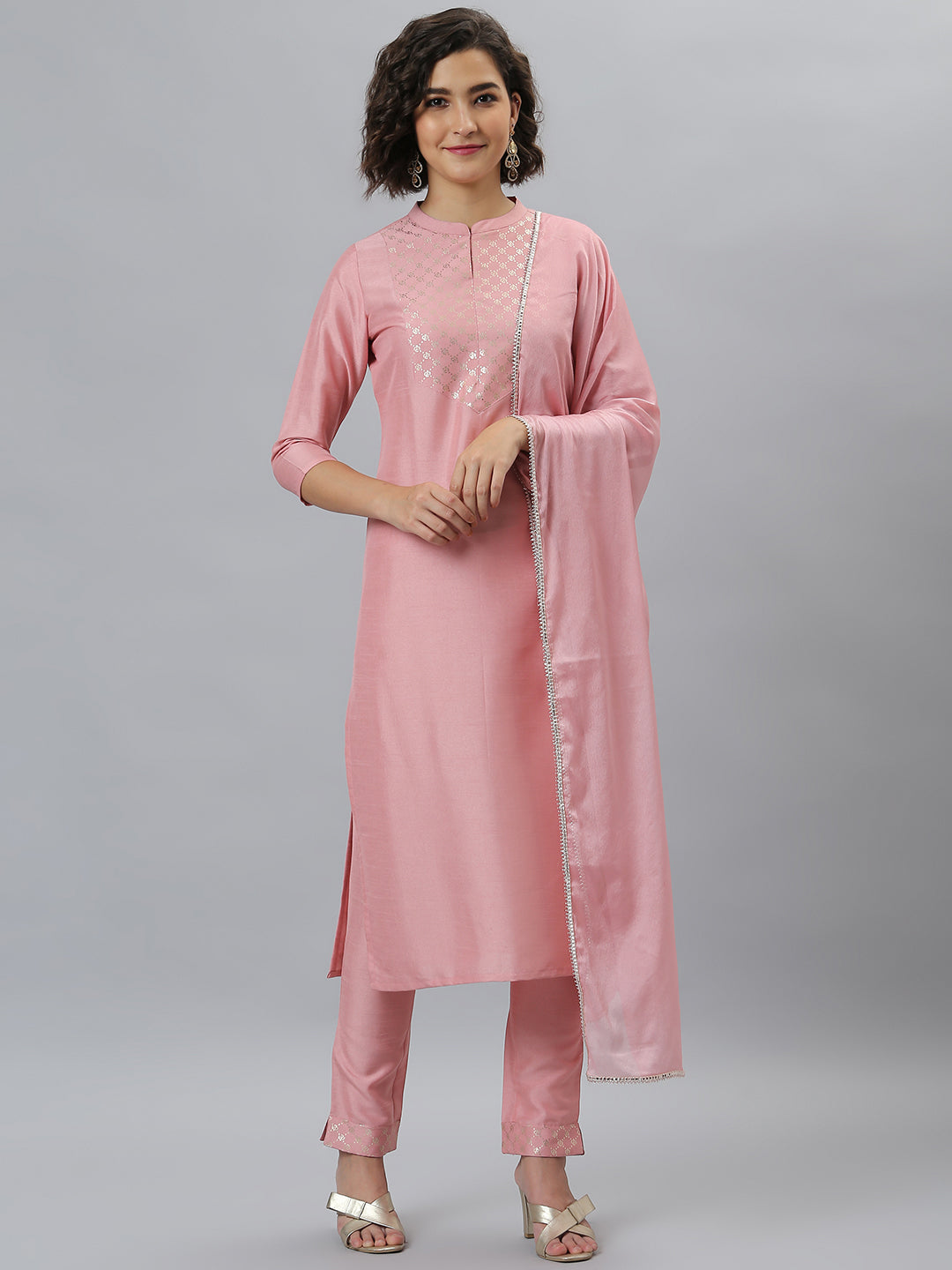 Women's Pink Floral Printed Poly Silk  Kurta Set - Janasya