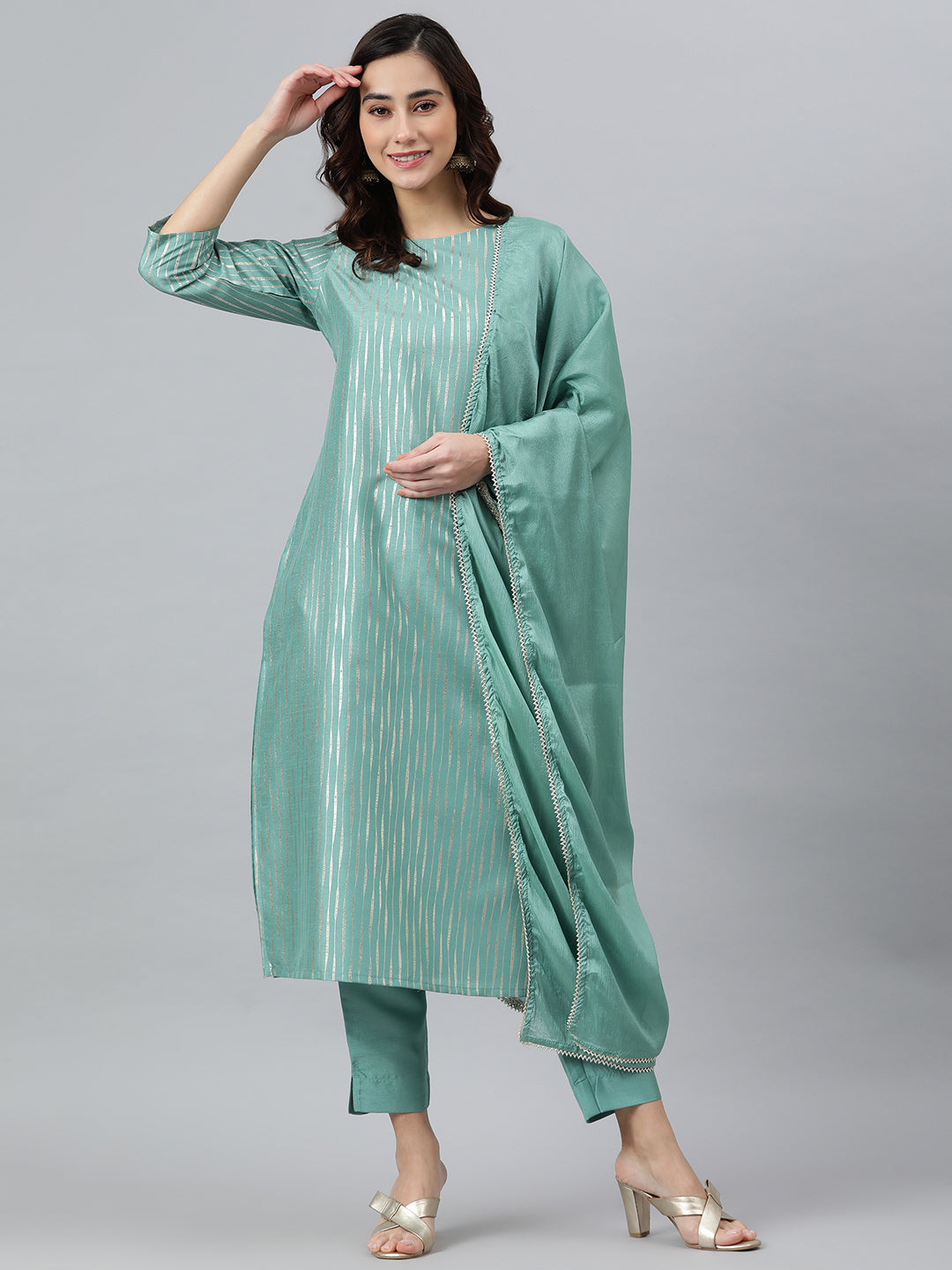 Women's Green Poly Silk Striped Kurta With Pant And Dupatta - Janasya