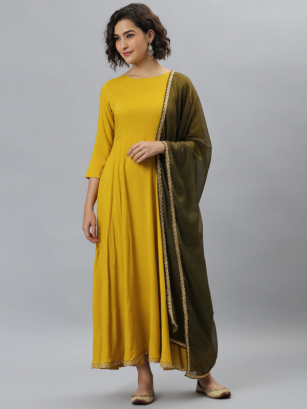 Women's Mustard Solid Rayon Anarkali Set - Janasya