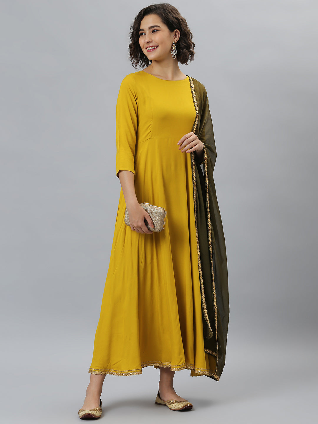 Women's Mustard Solid Rayon Anarkali Set - Janasya