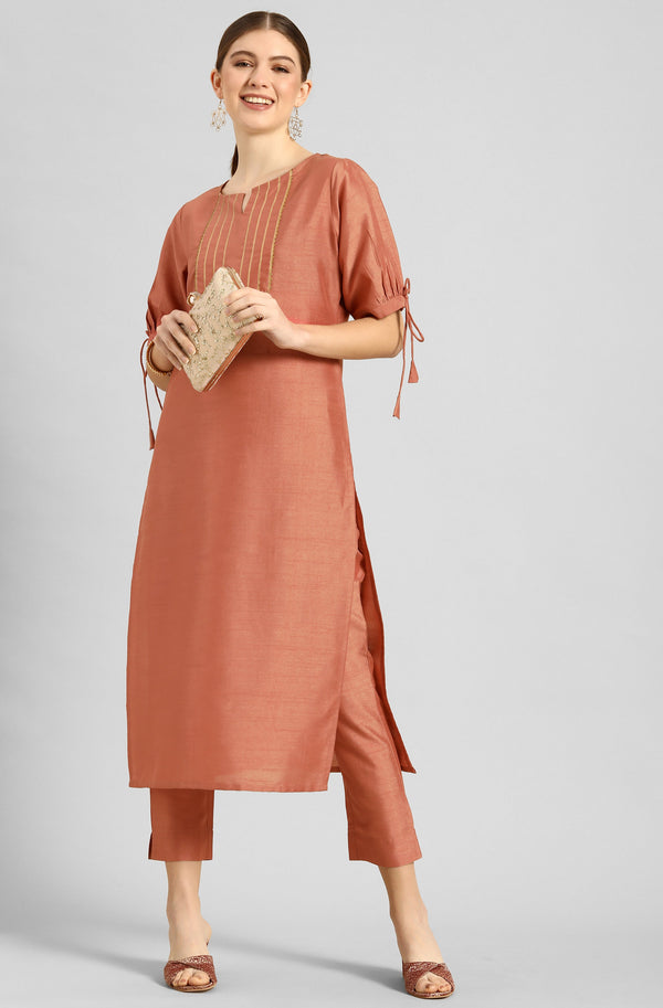 Women's Peach Embellished Poly Silk  Kurta Set - Janasya