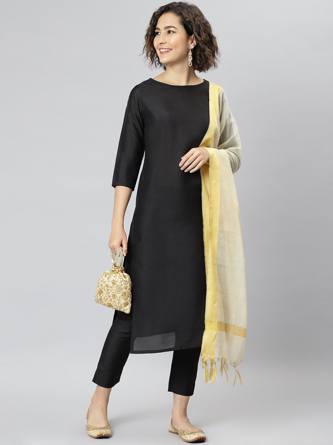 Women's Black Solid Poly Silk  Kurta Set - Janasya